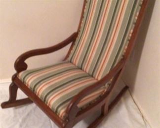 Antique Solid Wood Frame Scroll Arm Rocker with Striped Upholstery