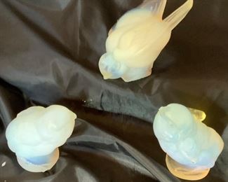 Sabino Vintage Opalescent Art Glass. Back; Small Feeding Bird, front: Baby Chicks in 2 Separate Positions. Each is marked “Sabino Paris” in script on bottom