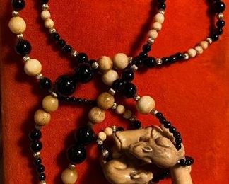 Vintage Asian Signed Black Onyx Beads Necklace (36”) with Carved Pendant