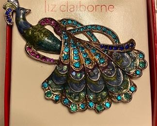 Liz Claiborne Enamel Rhinestone Peacock Pin