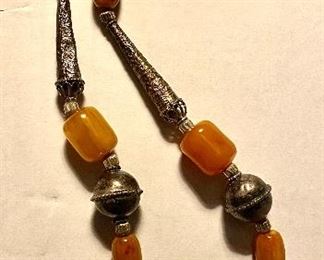 Vintage Yemen Silver, Large Amber and Agate Beads Bedouin Silver Amulet Necklace (27”)