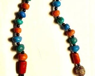 Vintage African Oversized Amber Beads with Red Coral and Turquoise Necklace