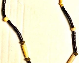 Vintage 1970’s Black Onyx Heshi Beads with Inlaid Onyx, Jasper, Turquoise Pendant