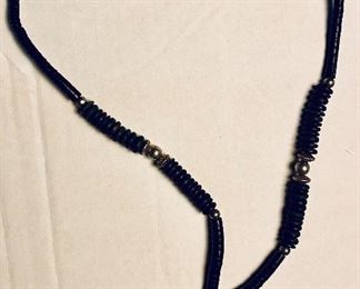 Vintage Onyx Heshishi Beads with Hammered Sliver Oval Bone and Onyx Pendant