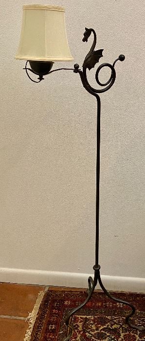 Antique Black Wrought Iron Winged Dragon Tri-footed Floor Lamp