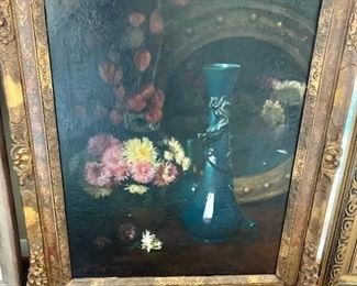 "Still Life with Blue Vase" by Edward J Hand (English, b. 1863) circa 1920'a