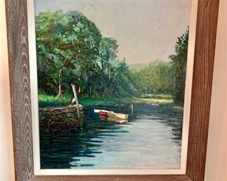 "View of Connecticut Cove with Boats" framed.  Original art (American) circa 1950's.   