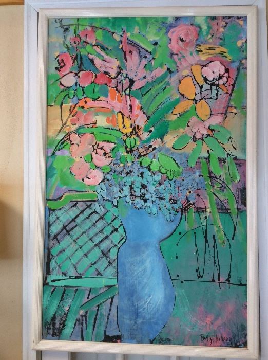 “Blue Vases” abstract acrylic canvas painting by Betty Hudson.