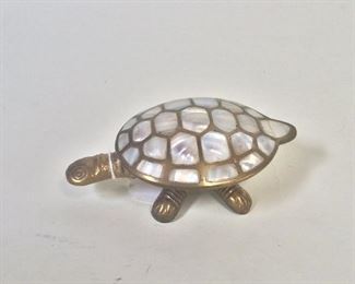 Brass Turtle with Mother of Pearl Inlay, Hinged Lidded Box India, 6 1/2" L. 