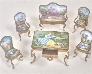 Antique Austrian Guilted Brass and Enamel Miniature Furniture, Table is 3" W. 