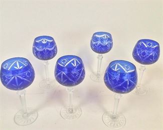 Cobalt Blue Cut Glass Wine Glasses, 7 1/2" H.