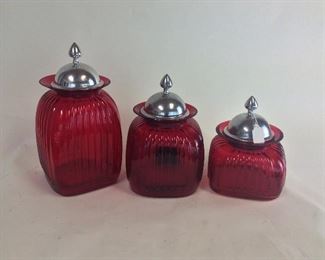 Red Ribbed Lidded Glass Jars. 