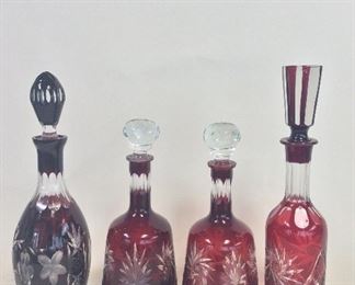 Red Cut Glass Decanters, 14" H for tallest.