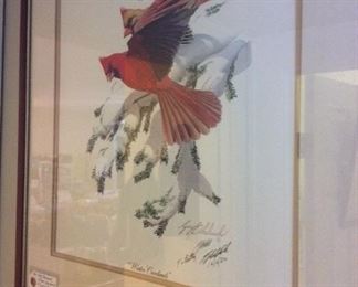 Winter Cardinals by Guy Cohleach, Signed, 22 1/2" x 26 1/2". 