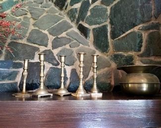Assorted brass candlesticks, spittoon