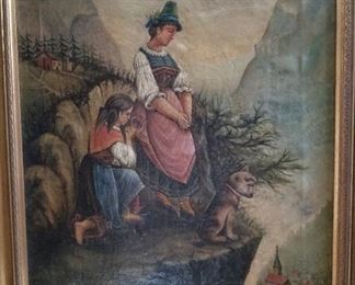 Figures in landscape - antique oil on canvas