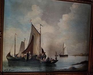 Harbor scene - oil on canvas, signed H J Parsteg(?)