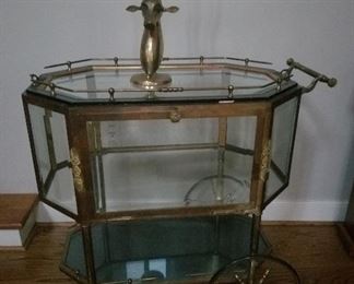 Antique brass  & glass serving  or dessert cart, brass antelope head