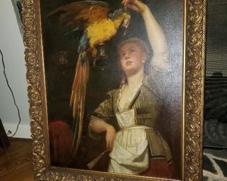 Portrait, woman with macaw- oil on canvas, unsigned