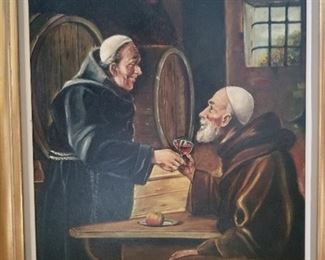 Monks with wine - oil on canvas, signed Hendrik Mathey
