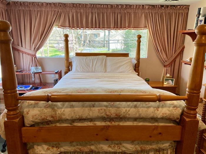 Queen Pine bedroom set - all bedding & custom curtains