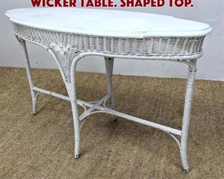 Lot 1316 Vintage Painted White Wicker Table. Shaped Top. 
