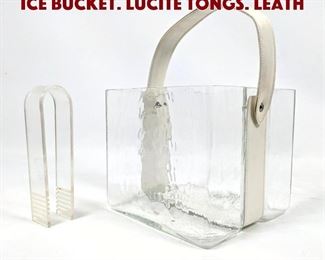 Lot 1481 Modernist Crackle Glass Ice Bucket. Lucite Tongs. Leath