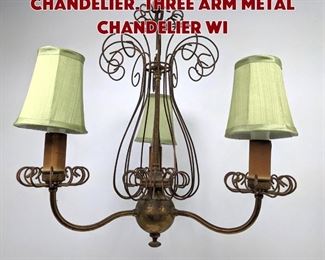 Lot 1590 Hanging Light Chandelier. Three arm metal chandelier wi
