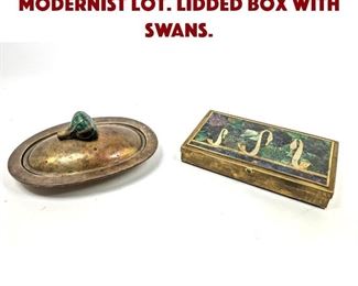 Lot 1616 2pc Inlaid Bronze Modernist Lot. Lidded box with swans.