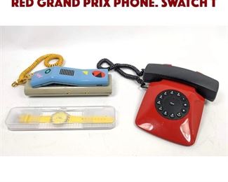 Lot 1617 3pc modernist shelf lot. Red Grand Prix phone. SWATCH T
