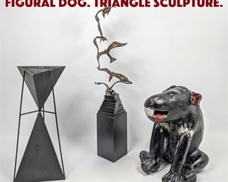 Lot 1624 3pc modern shelf lot. figural dog. Triangle sculpture. 