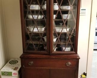 Mahogany China Cabinet Full of Corning Ware Cooking/ Serving Dishes