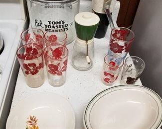 Vintage Tom's Jar, Retro Ice Crusher, Glasses, Dishes