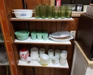 Vintage Milk Glass, Pyrex, Jadeite Bowls and Cups, Vintage Green Drinking Glasses