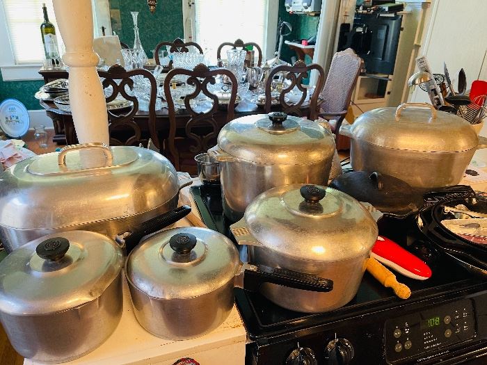 Collection of Vintage Magnalite Pots & Cast Iron Pots
