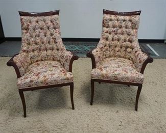 1001	PAIR OF UPHOLSTERED FLORAL TUFTED MAHAGONY SCROLLED ARMCHAIRS W/ FLUTED LEGS
