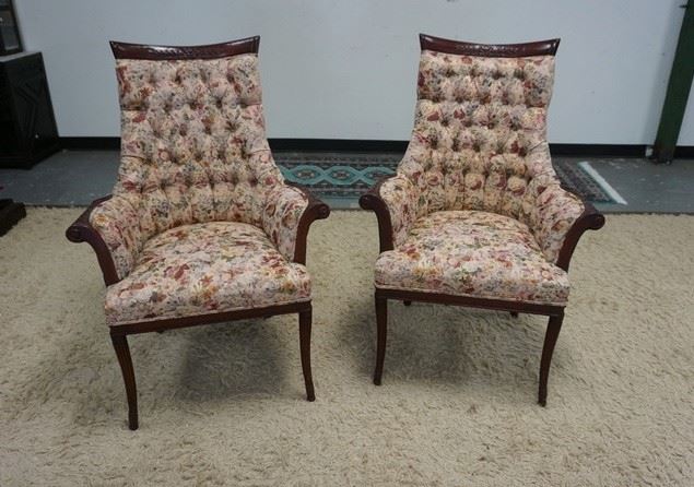 1001	PAIR OF UPHOLSTERED FLORAL TUFTED MAHAGONY SCROLLED ARMCHAIRS W/ FLUTED LEGS
