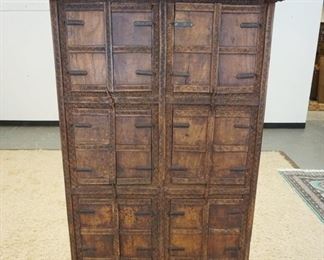 1018	ASIAN CHIP CARVED MULTI DOOR CABINET W/OVER HANGING TOP, 19 IN X 42 3/4 IN X 69 1/4 IN HIGH
