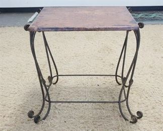 1045	WROUGHT IRON LAMP TABLE, HAMMERED COPPER TOP, 24 IN SQUARE X 25 IN HIGH
