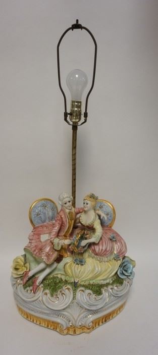 1069	ITALIAN PORCELAIN LAMP, SEATED LADY & GENTLEMAN, 33 IN HIGH X 15 IN WIDE
