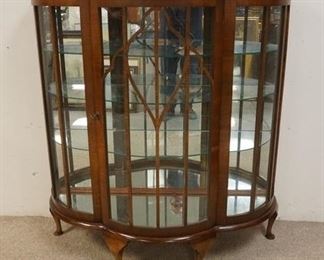 1080	MIRROR BACK CHINA CABINET, GLASS SHELVES, BOWED DOOR, CURVED SIDE, HAS A LIFT TOP COMPARTMENT ON THE TOP, 41 IN WIDE X 48 IN HIGH, X 15 IN DEEP
