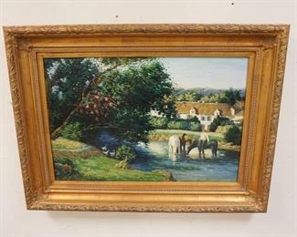 1101	LARGE EDGAR VAUGHN CONTEMPORARY OIL ON CANVAS OF A LANDSCAPE, DEPICTING HORSES, FRUIT TREE & A BUILDING. 47 IN X 34 IN INCLUDING FRAME
