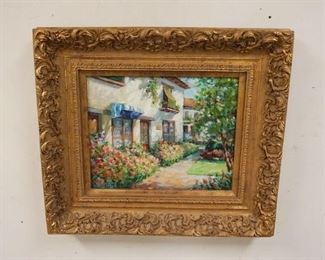 1102	 CONTEMPORARY OIL ON CANVAS OF A HOUSE & GARDEN SIGNED WAM-ETLTRE(?). 31 IN X 27 IN INCLUDING FRAME
