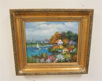 1104	CONTEMPORARY OIL ON CANVAS OF A LAKE & VILLAGE, SIGNED LOWER LEFT. 33 IN X 30 IN INCLUDING FRAME
