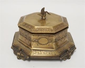 1116	ENGRAVED BRASS BOX WITH SWAN FINIAL, 7 IN WIDE X 5 IN HIGH
