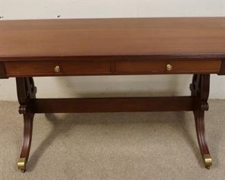1147	MAHOGANY LIBRARY TABLE WITH 2 OPENING DRAWERS AND LYRE BASE. 60 IN X 22 IN X 28 1/2 IN HIGH

