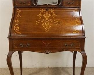 1152	VICTORIAN LADIES WRITING DESK WITH BEVELED MIRRORS AND INLAID DRAWER FRONTS AND DESK LID. 34 1/2 IN X 20 IN X 59 IN HIGH. RIGHT SIDE OF DESK INTERIOR PIECE MISSING
