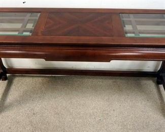 1193	HAMMARY CHERRY SOFA TABLE WITH GLASS INSET TOP. 54 IN X 16 IN X 27 1/4 IN
