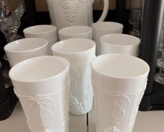 Vintage 9 Piece Milk Glass Tumblers and Pitcher 