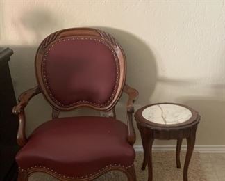 Maroon Leather Chair.                                                                           Small Accent Table with Marble Top